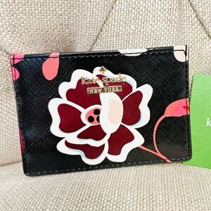 NEW Kate Spade Cameron Street Small Slim Card Case Floral Flower Black PWRU5756